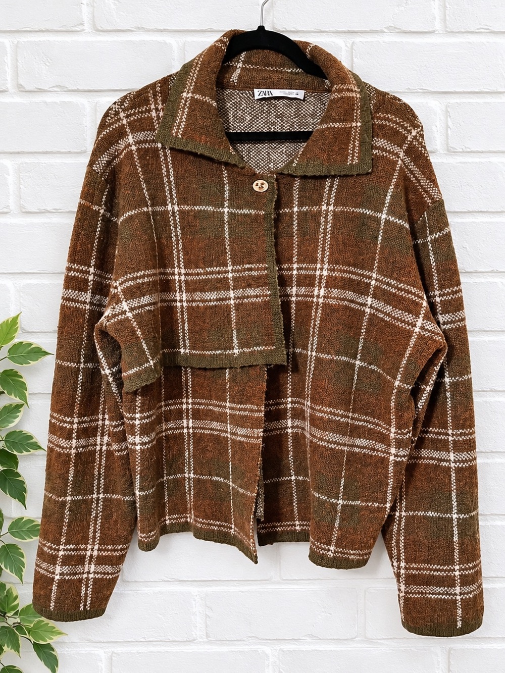 ZARA Brown Plaid Knit Shacket Cardigan Elbow Patch Oversized Fall wool blend